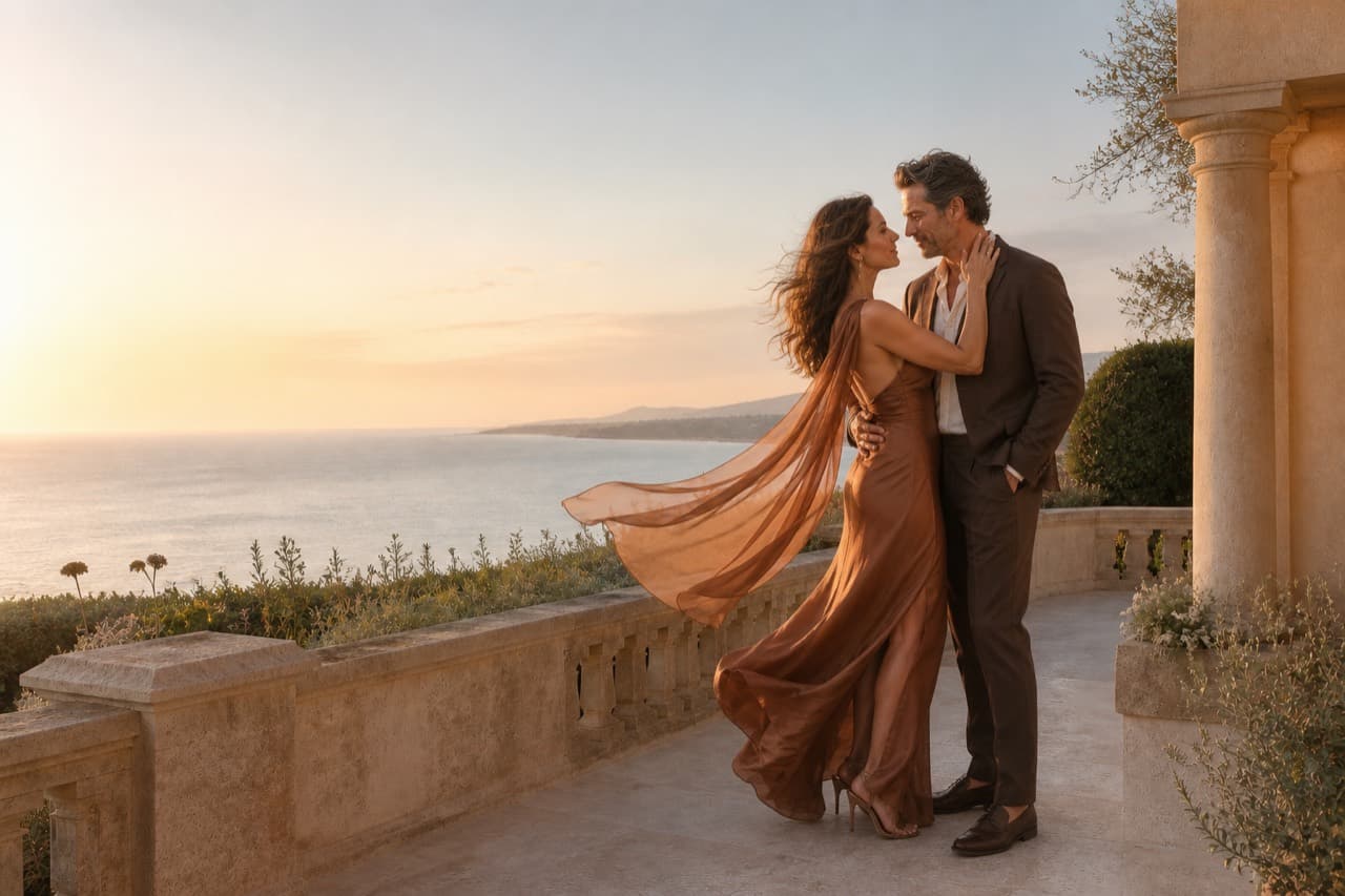 A couple sharing an intimate moment on a terrace overlooking the Pacific at sunrise